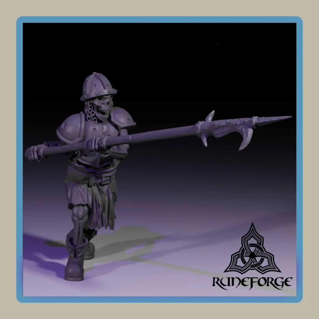 render of 28mm miniature undead armored skeleton with billhook