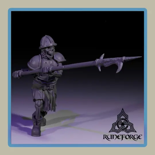 render of 28mm miniature undead armored skeleton with billhook