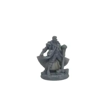 A photograph of an unpainted, 3D-printed grey resin miniature of a male vampire hunter. He is wearing a long coat and a cross-body satchel, resting his left hand on a large, heavy hammer planted on the ground while holding the edge of his coat with his right hand.