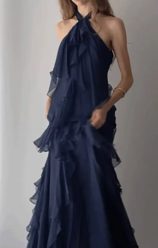 Elegant Navy Ruffled Halter Chiffon Maxi Prom Dress RS672