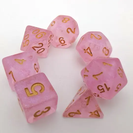 Pink Glitter Dice Set – 7-Piece Clear Pink Micro Glitter Gold Font Resin DnD