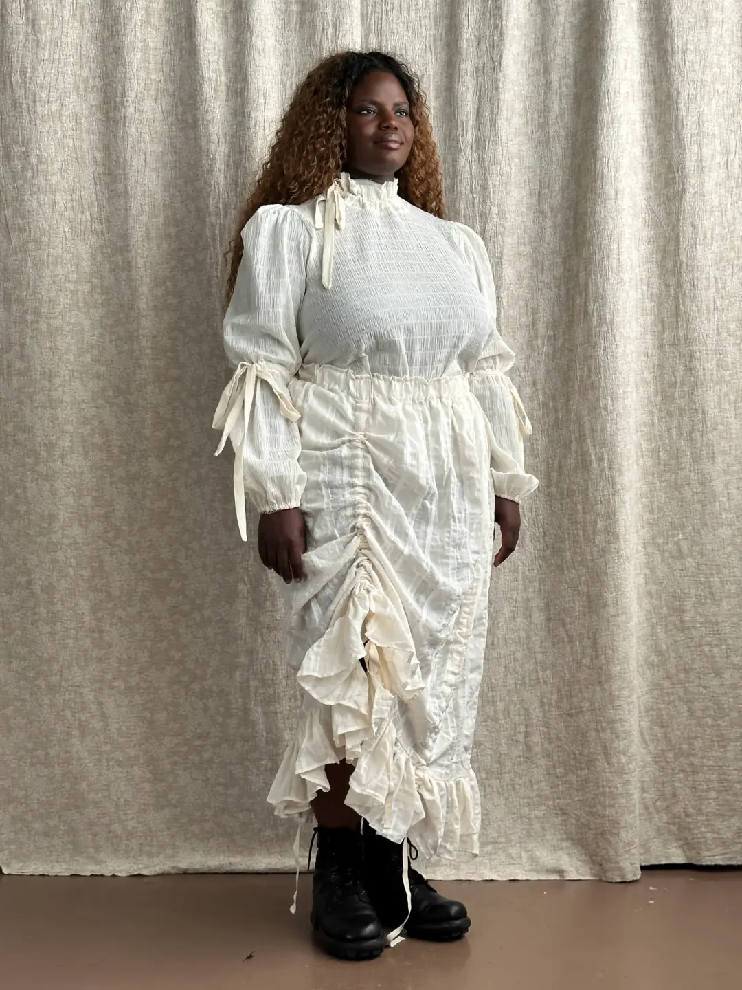 FW '26: Drawstring Petticoat Skirt in Ivory Jacquard Stripe (Pre-Order)