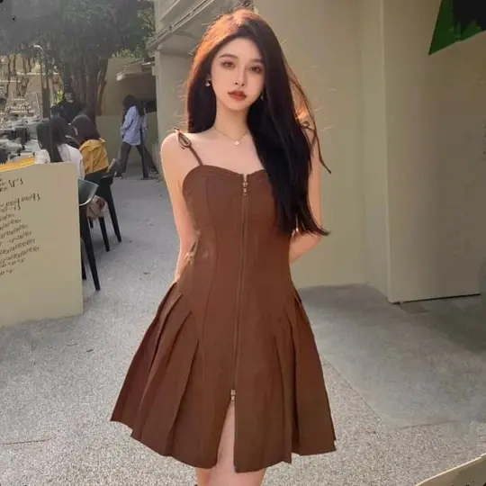Dark Brown Strapless Waist Pleated Short Skirt Homecoming Dress R3862