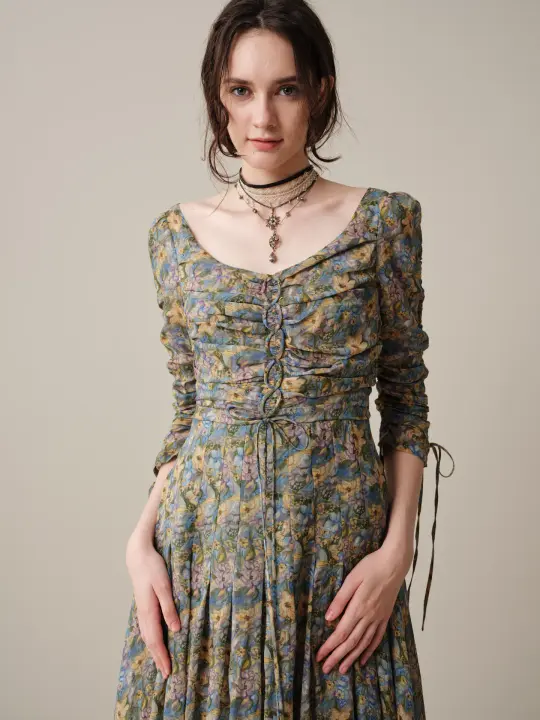 Emma 11 | Lace-Up Ruched Linen Maxi Dress