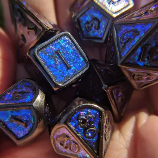 Glittering Night Sky Metal Dice Set – Blue, Purple & Teal with Black Trim