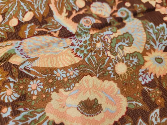 Pheasents and Flowers Pink and Brown Penny Rose Cotton Fabric - By the Yard
