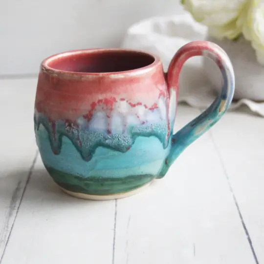 Matte Glazed Copper Green and Rose Pottery Mug, 13 Ounce Coffee Cup USA