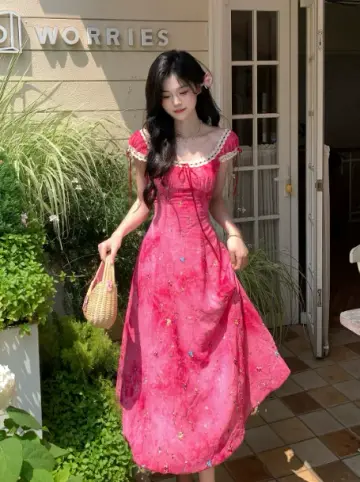 Sweet Barbie Pink Beaded Summer Dress A-Line Portrait Corset Maxi Prom Dress RS699