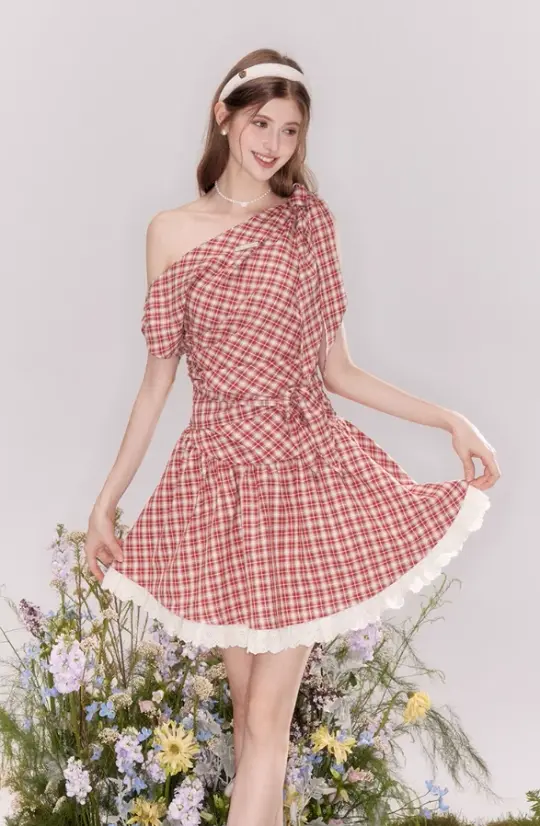Summer off-shoulder red plaid dress with lace-up waist princess dress R4539