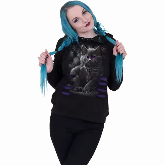 Gothic Cat Ripped Hoodie Purple Black - Cattitude Distressed Sweatshirt - Alternative Fashion