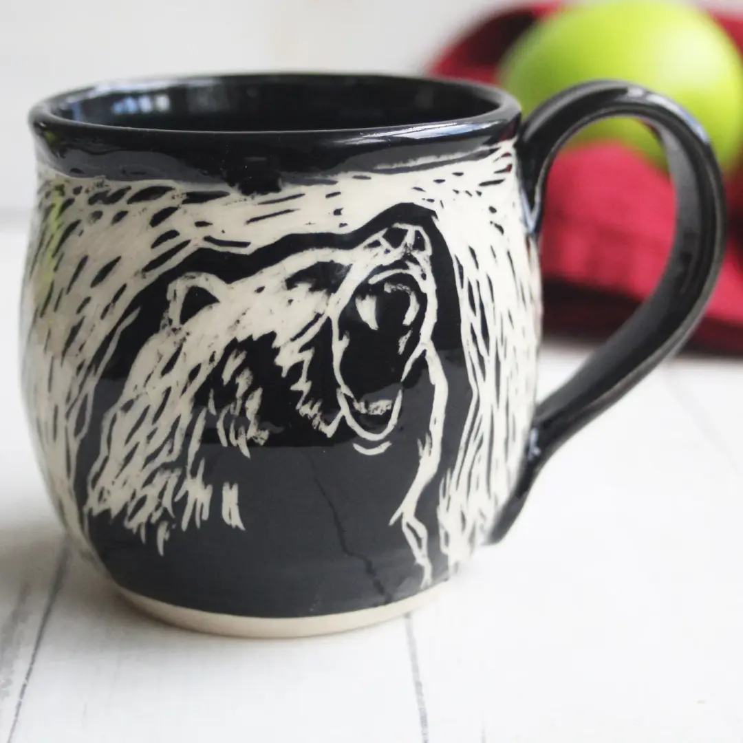 Black Bear Sgraffito Mug, Beautiful Carved Bear Coffee Cup, 12 oz., Made in USA