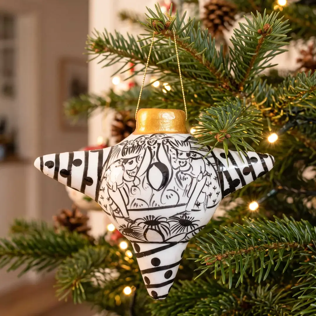 Xalitla Black and White Story-Telling Piñata Christmas Clay Ornament