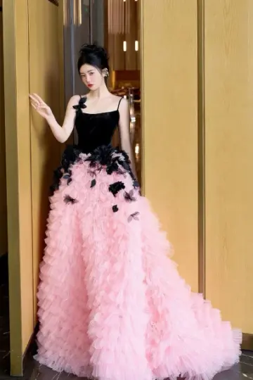 Tulle Puffy Prom Gown ,Stunning Black-pink Maxi Evening Dress Ball Gown RS2025