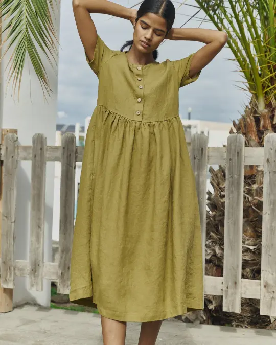 R: Maxi MAMA-2 short sleeve linen dress (Color: Natural/Grey Stripes; Size: S - MAXI length)