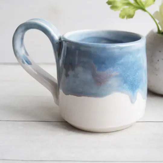 Handcrafted Pottery Mug in Dripping Blue and White Glazes, 14 oz. Made in USA