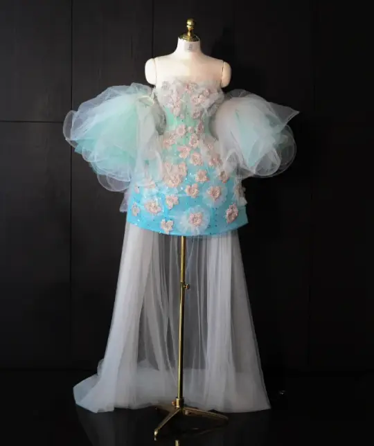Lake blue gradient pink embroidered tube top waist slimming A-line short skirt homecoming dress R4163
