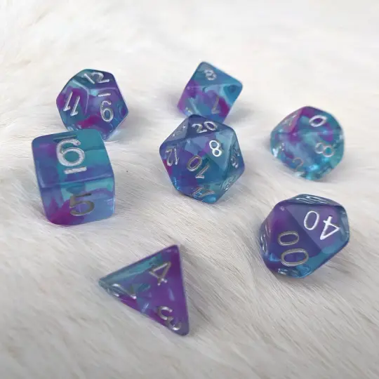 Aquarium Ribbon Dice Set – 7-Piece Blue Purple Ocean DnD Dice for Water Genasi