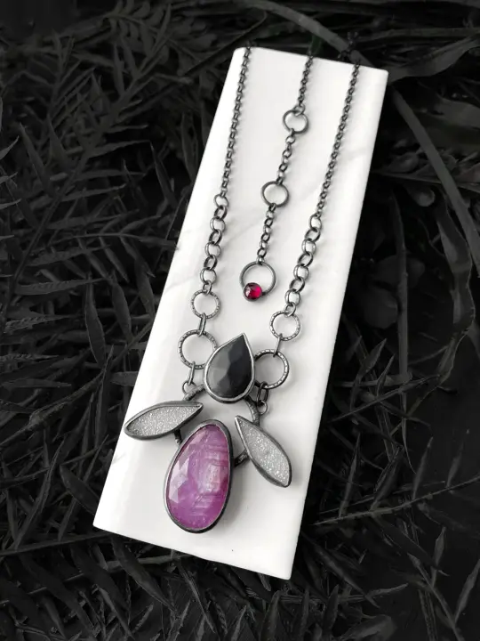 Pink Sapphire, Druzy and Black Onyx Necklace