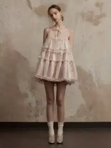 Nude pink sleeveless round neck gentle and cute ruffled skirt short skirt homecoming dress R4819