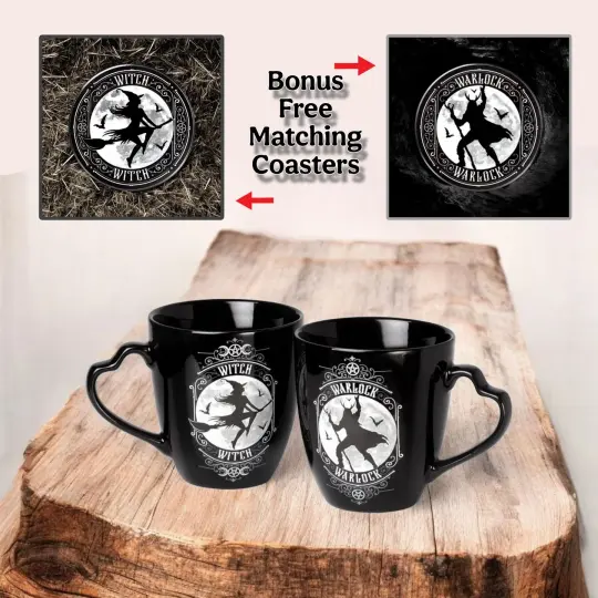 Witch & Warlock Fine Bone China Mug Set with Moon & Bat Coasters