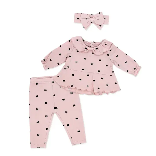 Baby Mode Baby Girls Tiny Bows 3 Piece Top, Leggings, and Headband Set, 9M