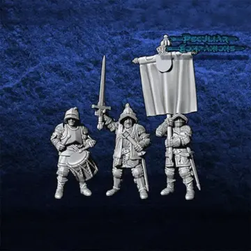 Unpainted 28mm 3D-printed Spanish tercio command group with drummer and banner, 3 miniatures — tabletop miniatures for historical wargaming, D&D & Pathfinder