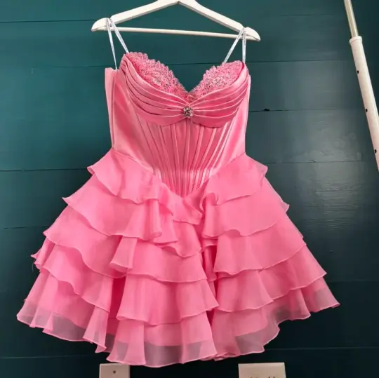 Barbie Pink Ruffled A-Line Spaghetti Straps Bodycon Mini Party Dress Homecoming Dress RS374