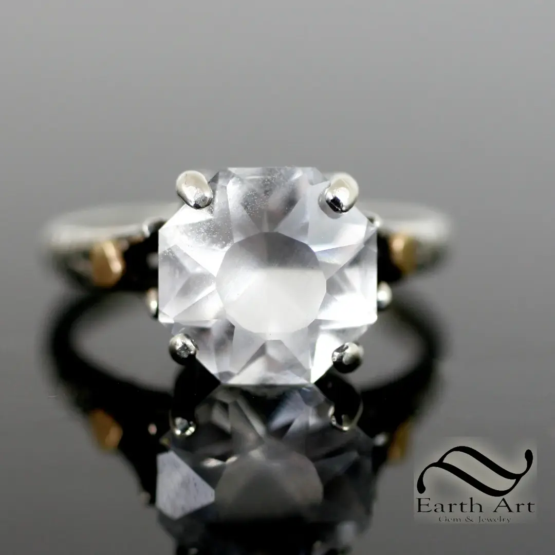 Hand Faceted Quartz Sunburst Ring in silver and gold