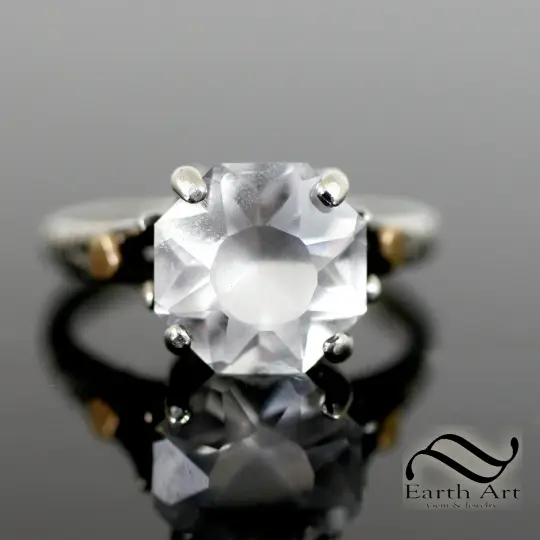 Hand Faceted Quartz Sunburst Ring in silver and gold