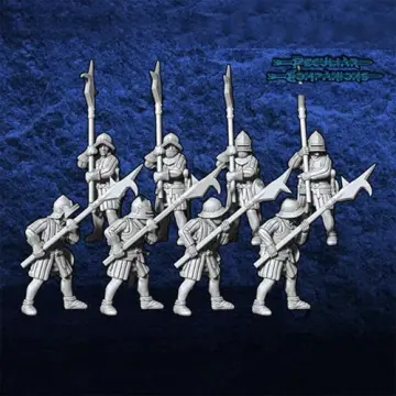 Unpainted 28mm 3D-printed English billmen with bill polearms, 8 miniatures — tabletop miniatures for historical wargaming, D&D & Pathfinder