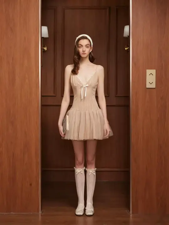Balletcore Cami Strap Tutu Mini Dress with Lace Trim & Bow Detail R9148