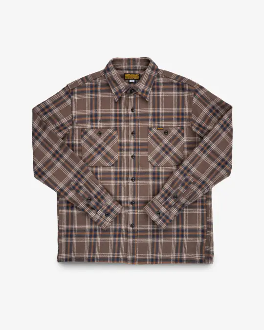 Slubby Heavy Flannel Check Work Overshirt - Brown