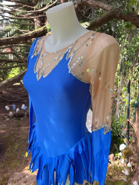 Vintage Sapphire Blue Sequin Figure Skating Costume: Fringe Hem, Sheer Sleeves