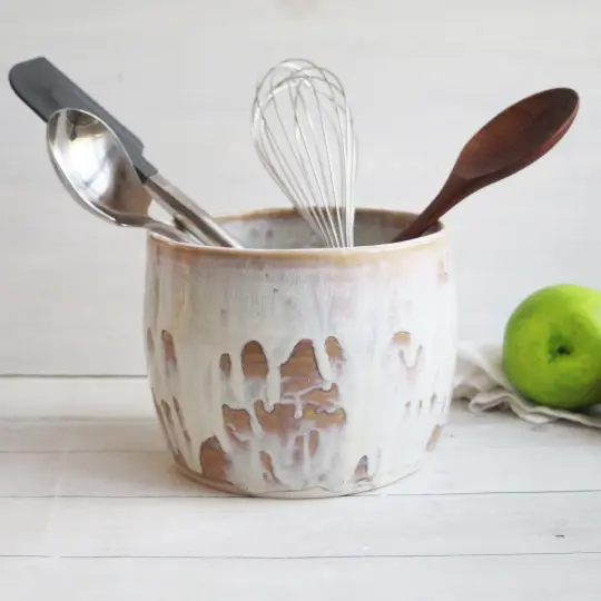 Rustic Utensil Holder in Dripping White and Ocher Glaze, Ceramic Crock Made in USA
