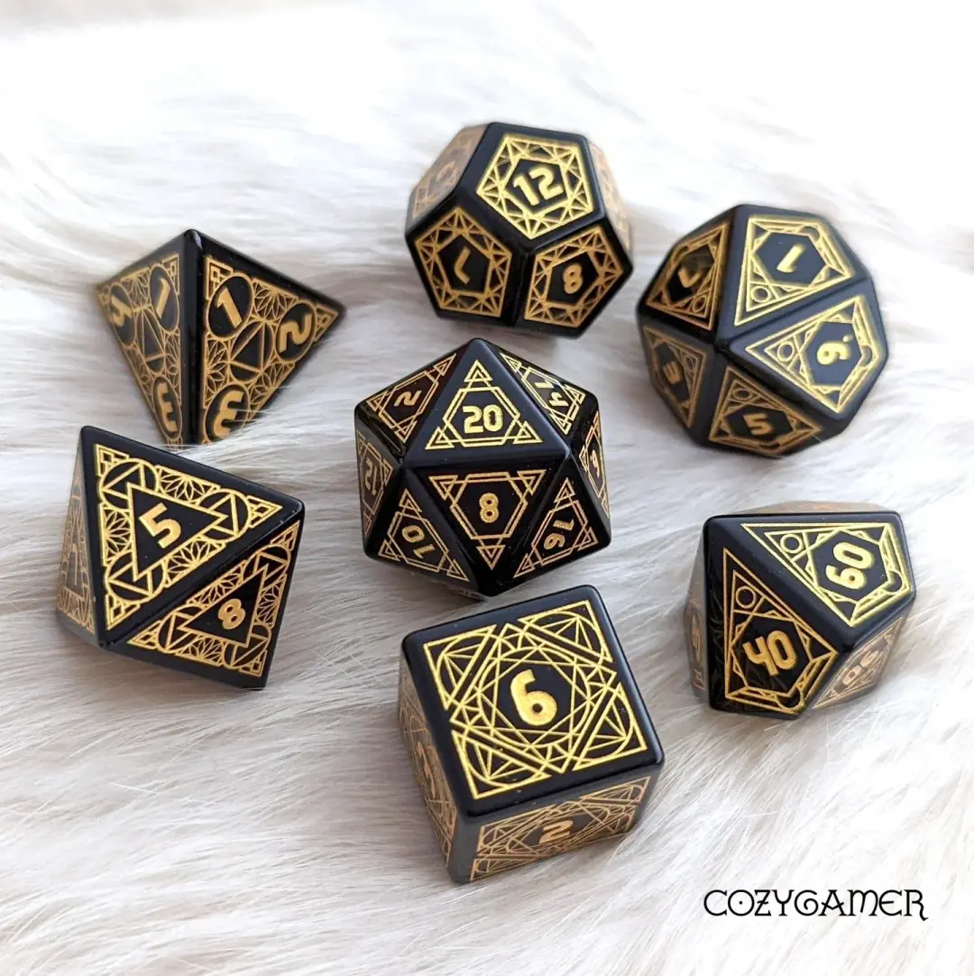 Geometric Obsidian Dice Set – 7-Piece Real Gemstone Carved Stone DnD Dice