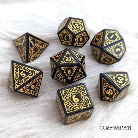 Geometric Obsidian Dice Set – 7-Piece Real Gemstone Carved Stone DnD Dice