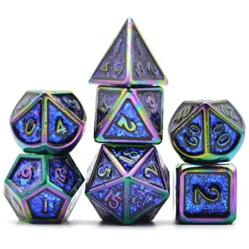 Blue Shifting Rainbow Metal Dice Set – 7-Piece Purple Glitter DnD Dice