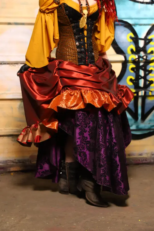 Swoon Skirt w/patchwork ruffle in Coral Fire Shantung - The Bucc Stops Here! Collection