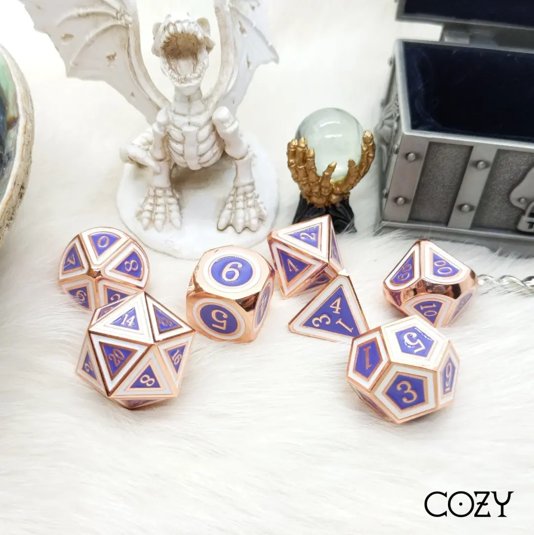Royal Metal Dice Set. Copper Plated Purple and White