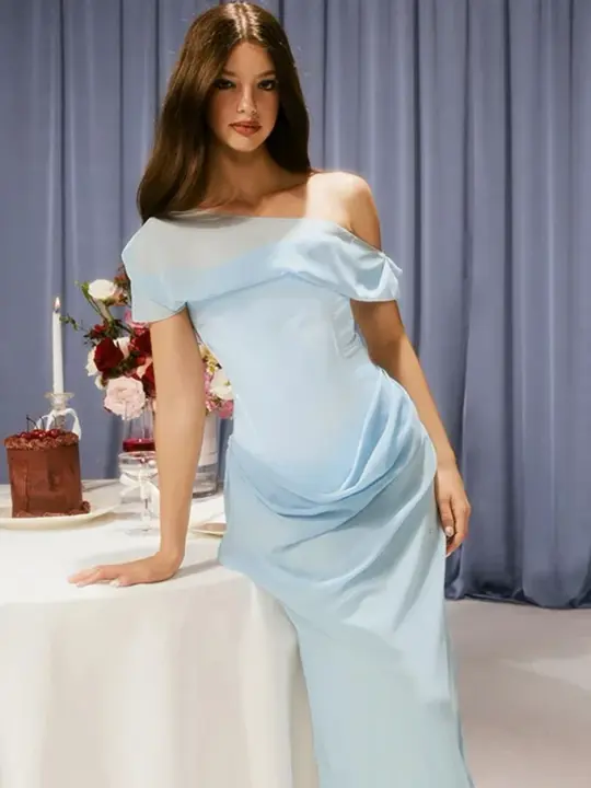 Elegant Pale Blue Sheath One-shoulder Chiffon Bodycon Maxi Prom Dress RS524