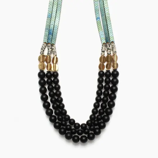 Jet Glass and Hematite Triple Strand Necklace