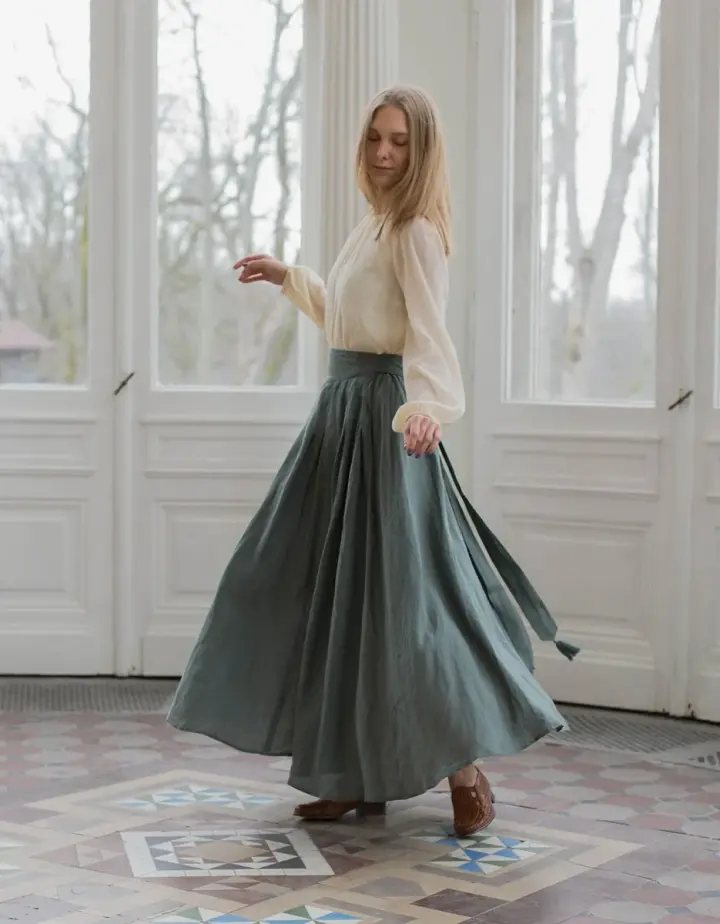 Jupe longue 'Vineta' en lin couleur sauge
