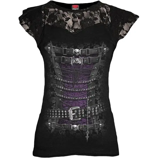 Gothic Waisted Corset - Lace Layered Cap Sleeve Top Black
