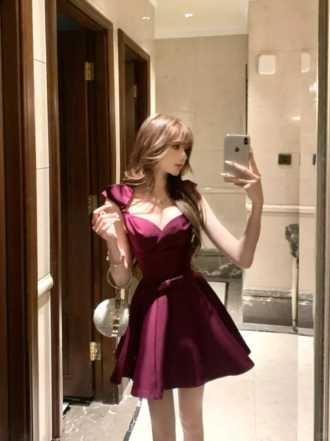 Dark purple bow strap waist slim fit long skirt homecoming dress R4228