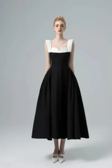 Elegant black and white patchwork waist slim A-line maxi homecoming dress R4816