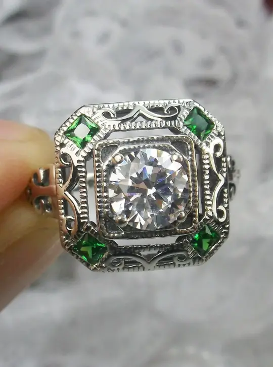 White CZ & Emerald Art Deco Ring, Size 10, Vintage Revival Jewelry #D68 - Ready to Ship