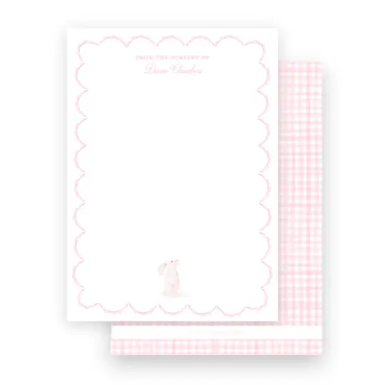 Pink Watercolor Bunny with Scallop Border Baby Stationery