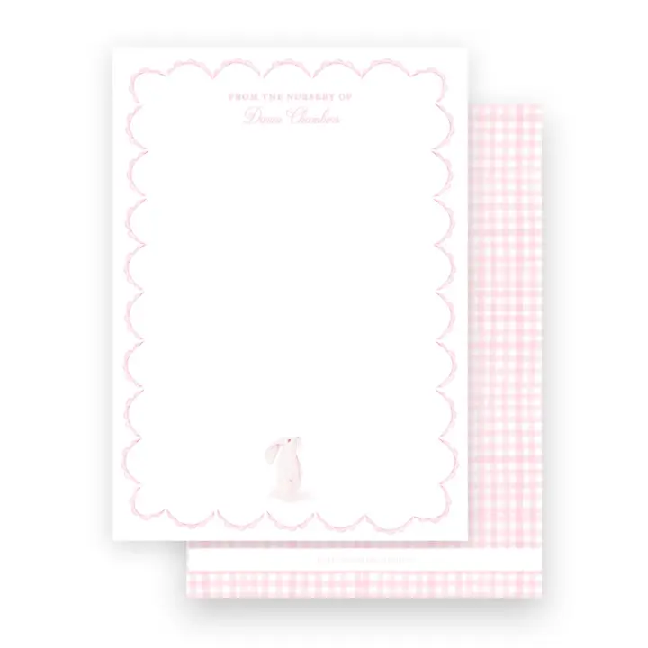 Pink Watercolor Bunny with Scallop Border Baby Stationery