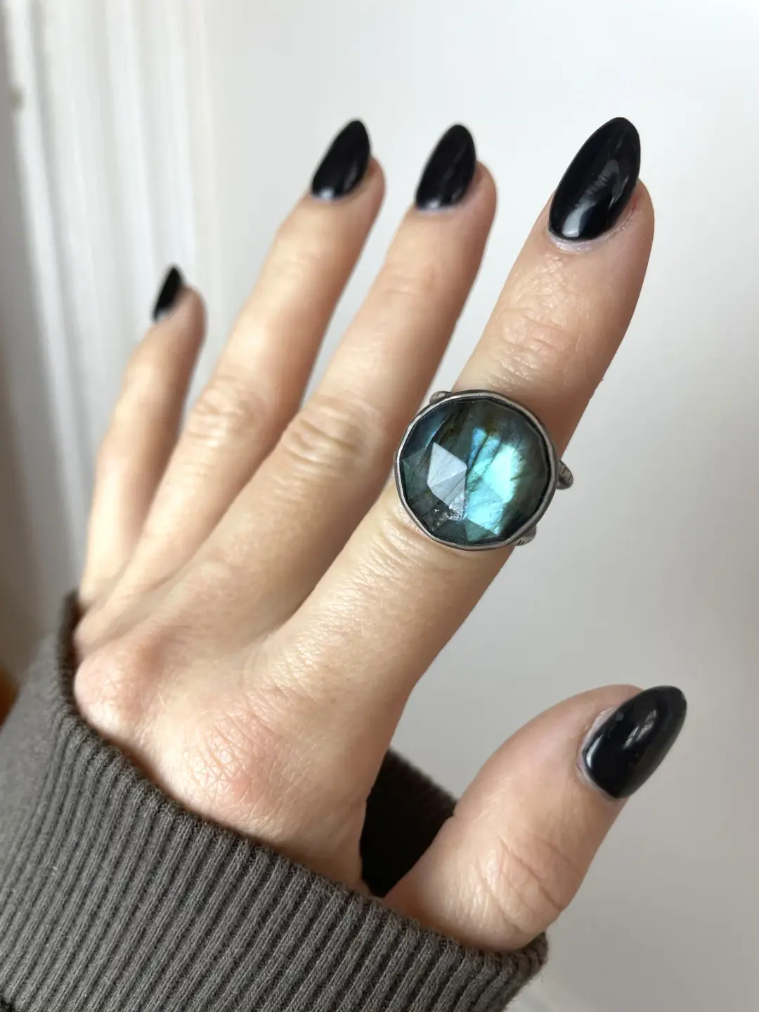 Teal Labradorite Orbit Ring - Size 7