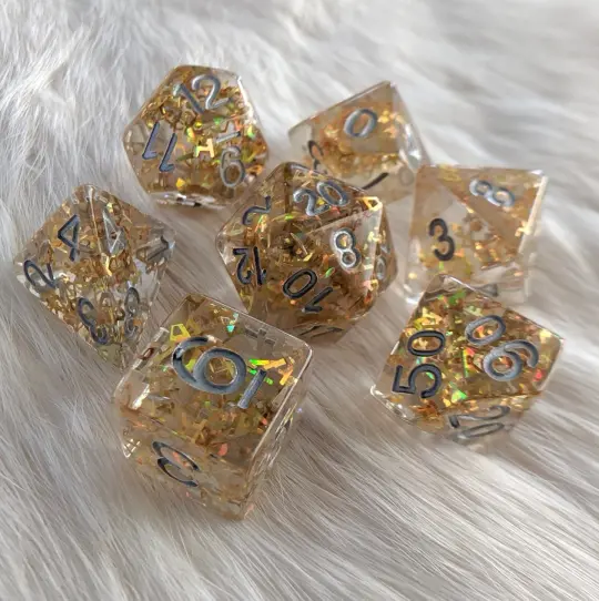 Bring Your A Game Dice Set – 7-Piece Rainbow A-Shaped Glitter | Fennek & Finch